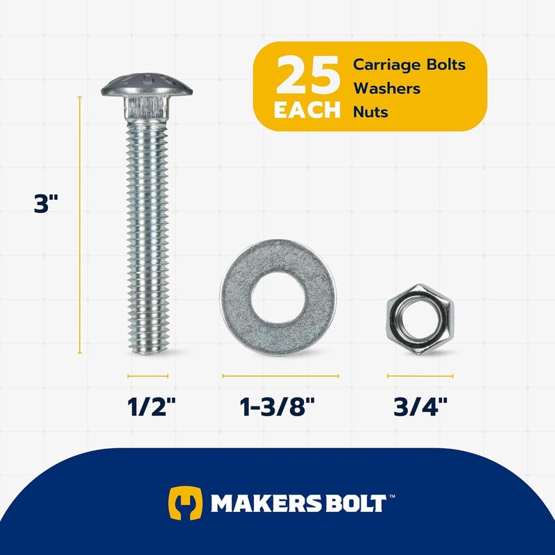 MAKERS BOLT 1/2" x 3" (25 Pack) Zinc Carriage Bolt Kit, Grade 307A by - Image 2